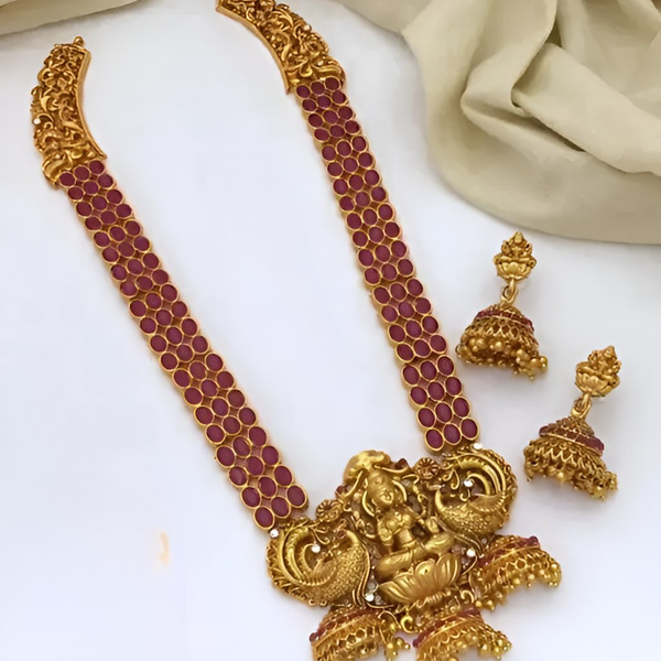 Jewel City Temple Gold Lakshmi Necklace with Red Stone - Traditional Indian Handcrafted Jewelry for Wedding, Festival & Occasions