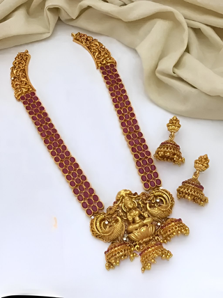Jewel City Temple Gold Lakshmi Necklace with Red Stone - Traditional Indian Handcrafted Jewelry for Wedding, Festival & Occasions