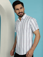 Thumbnail for Indian Needle Men's Vertical Striped Half Sleeve Casual Shirt - Blue - Distacart