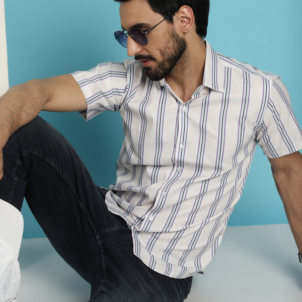 Indian Needle Men's Vertical Striped Half Sleeve Casual Shirt - Cream - Distacart