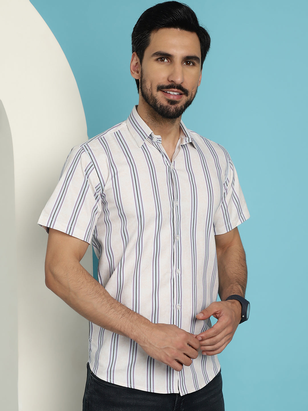 Indian Needle Men's Vertical Striped Half Sleeve Casual Shirt - Cream - Distacart