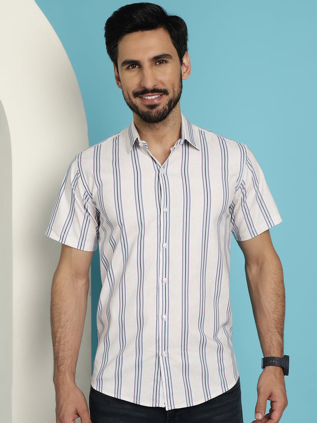 Indian Needle Men's Vertical Striped Half Sleeve Casual Shirt - Cream - Distacart