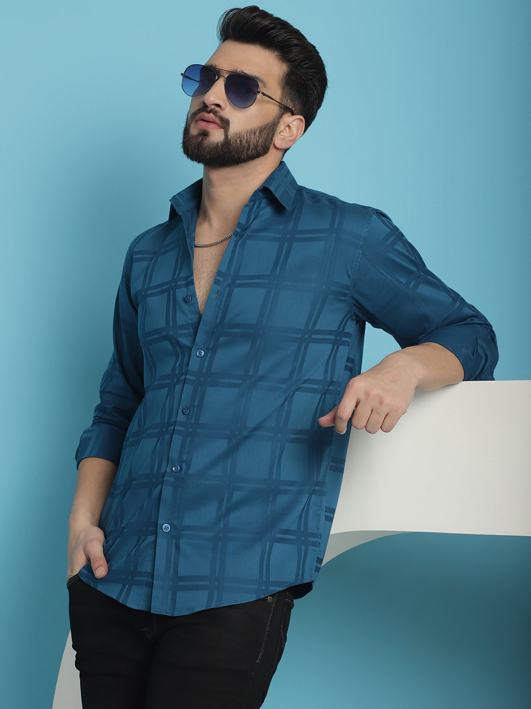 Indian Needle Men's Peacock Blue Checked Casual Shirt - Distacart