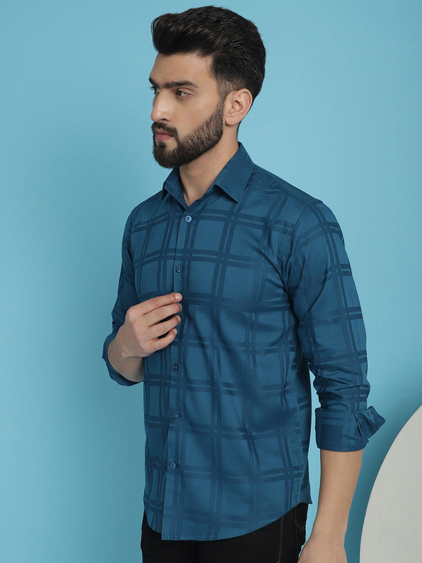 Indian Needle Men's Peacock Blue Checked Casual Shirt - Distacart