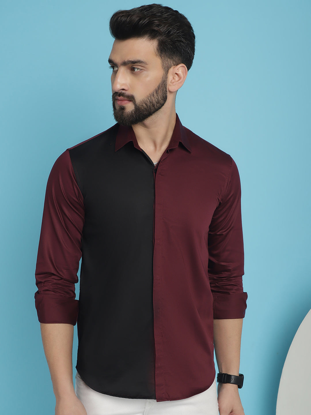 Indian Needle Men's Premium Cotton Satin Casual Shirt - Wine - Distacart