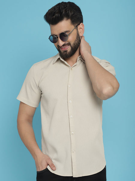 Indian Needle Men's Striped Half Sleeve Casual Shirt - Cream - Distacart