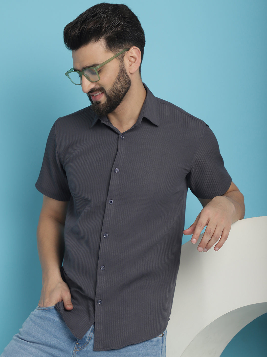 Indian Needle Men's Striped Half Sleeve Casual Shirt - Grey - Distacart