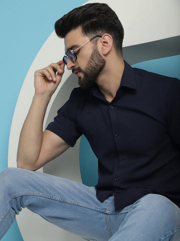Indian Needle Men's Striped Half Sleeve Casual Shirt - Navy Blue - Distacart