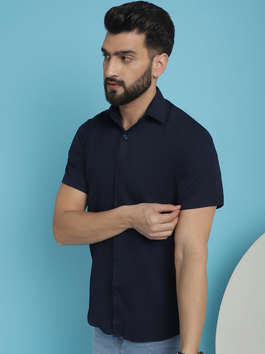 Indian Needle Men's Striped Half Sleeve Casual Shirt - Navy Blue - Distacart
