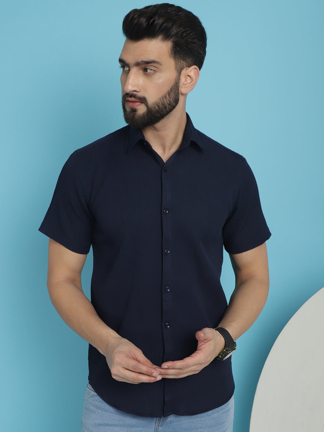 Indian Needle Men's Striped Half Sleeve Casual Shirt - Navy Blue - Distacart