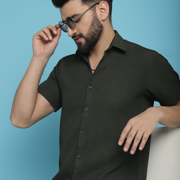Indian Needle Men's Striped Half Sleeve Casual Shirt - Olive - Distacart