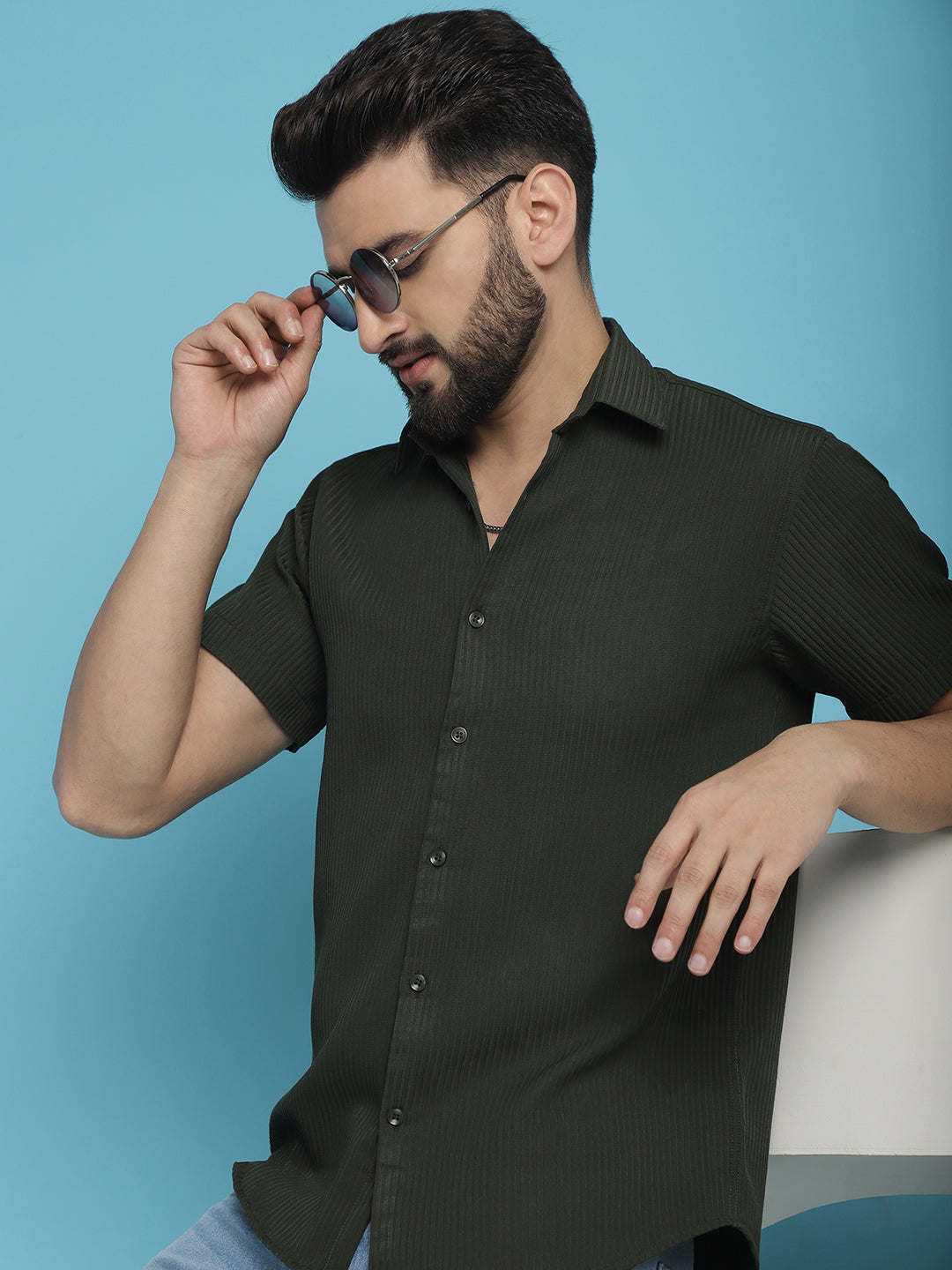 Indian Needle Men's Striped Half Sleeve Casual Shirt - Olive - Distacart