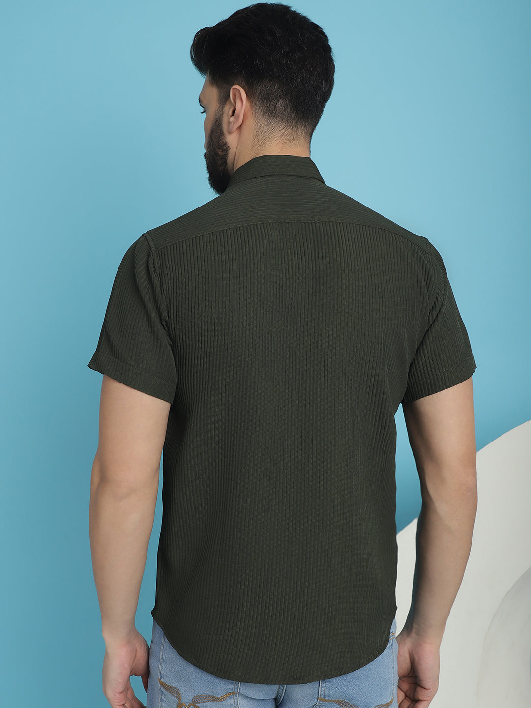 Indian Needle Men's Striped Half Sleeve Casual Shirt - Olive - Distacart