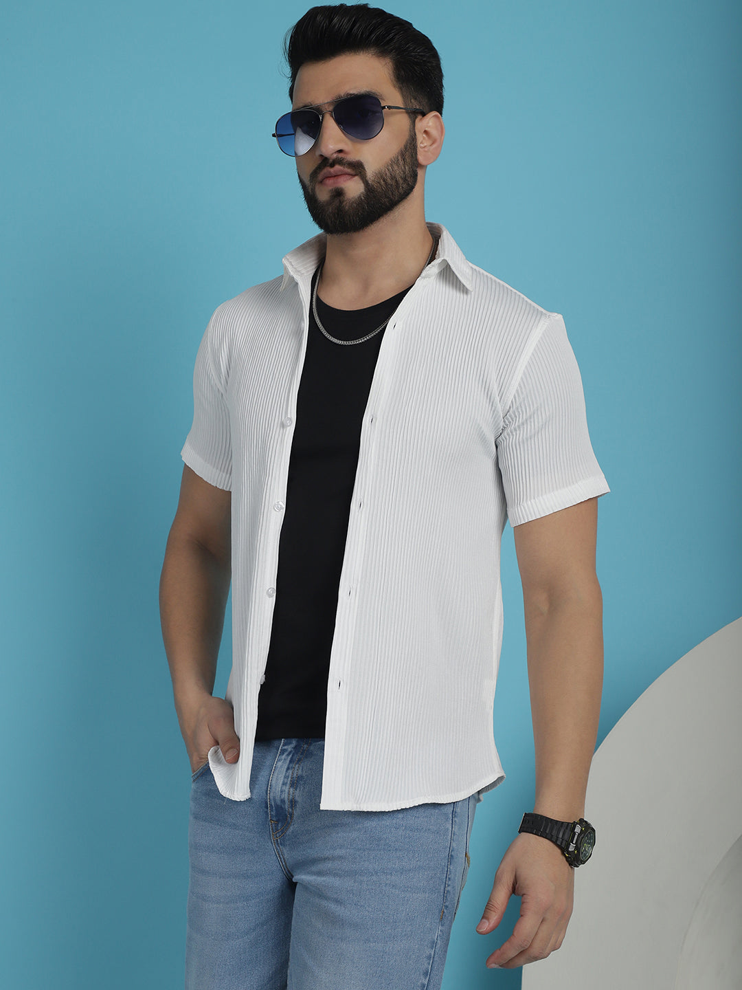 Indian Needle Men's Striped Half Sleeve Casual Shirt - White - Distacart