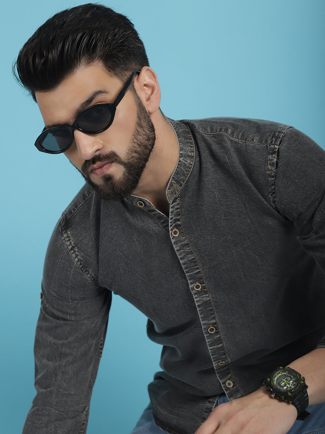 Indian Needle Men's Denim Casual Shirt - Charcoal - Distacart