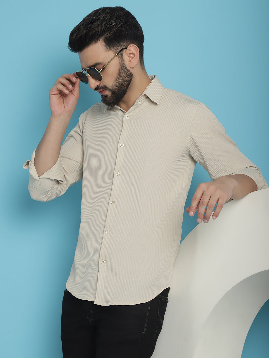 Indian Needle Men's Striped Casual Shirt - Cream - Distacart
