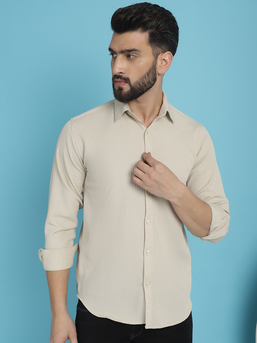 Indian Needle Men's Striped Casual Shirt - Cream - Distacart