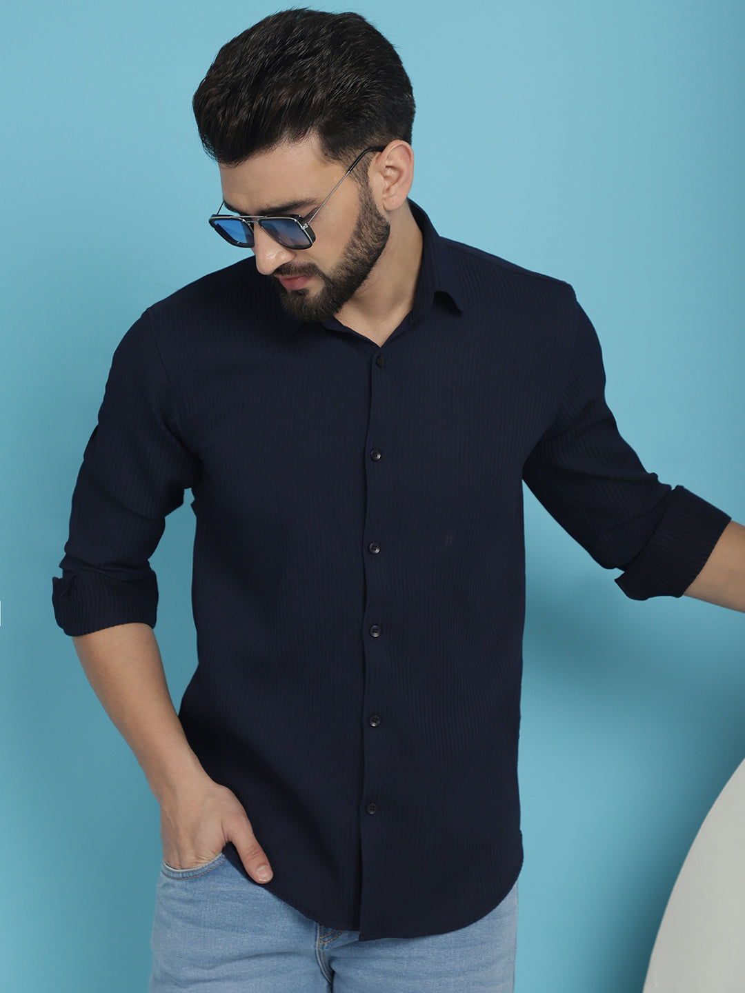 Indian Needle Men's Striped Casual Shirt - Navy Blue - Distacart