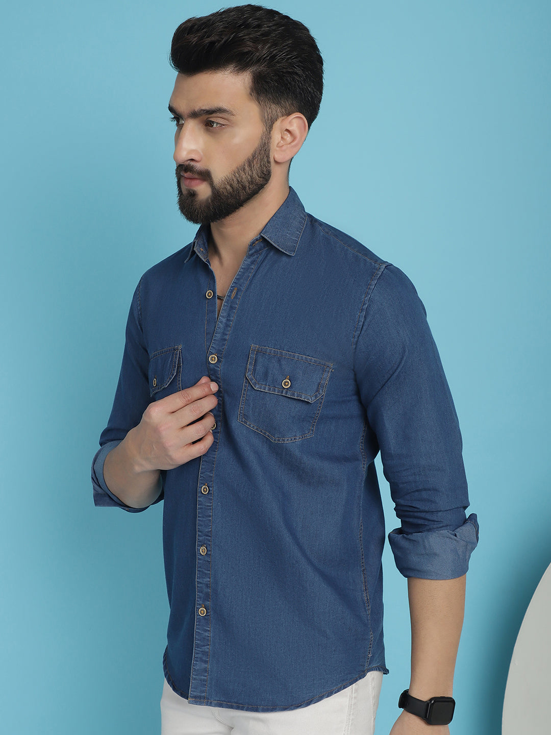 Indian Needle Men's Faded Cotton Denim Casual Shirt - Blue - Distacart