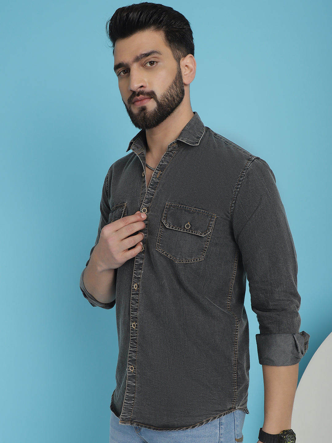 Indian Needle Men's Faded Cotton Denim Casual Shirt - Charcoal - Distacart