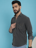 Thumbnail for Indian Needle Men's Faded Cotton Denim Casual Shirt - Charcoal - Distacart
