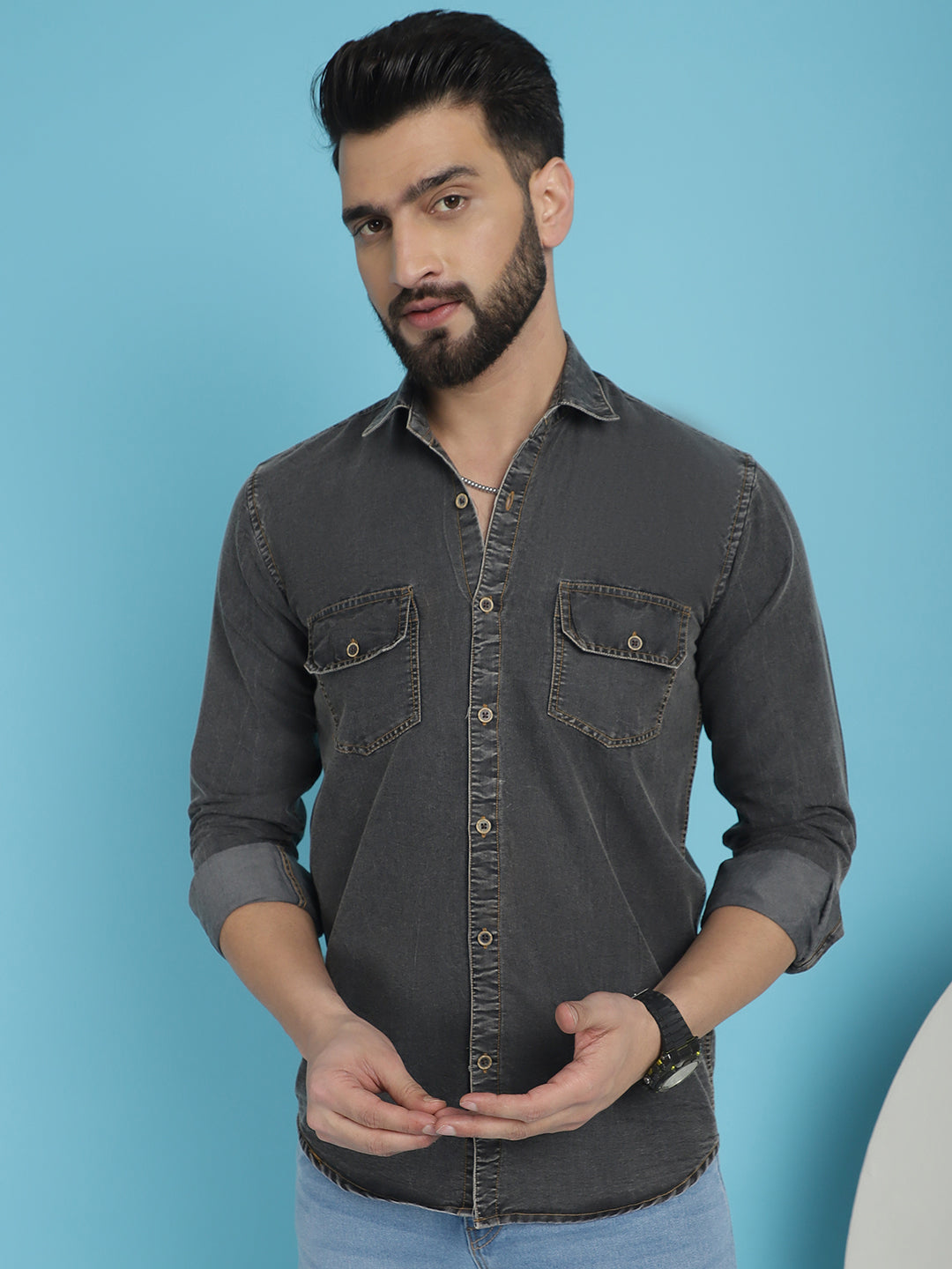 Indian Needle Men's Faded Cotton Denim Casual Shirt - Charcoal - Distacart