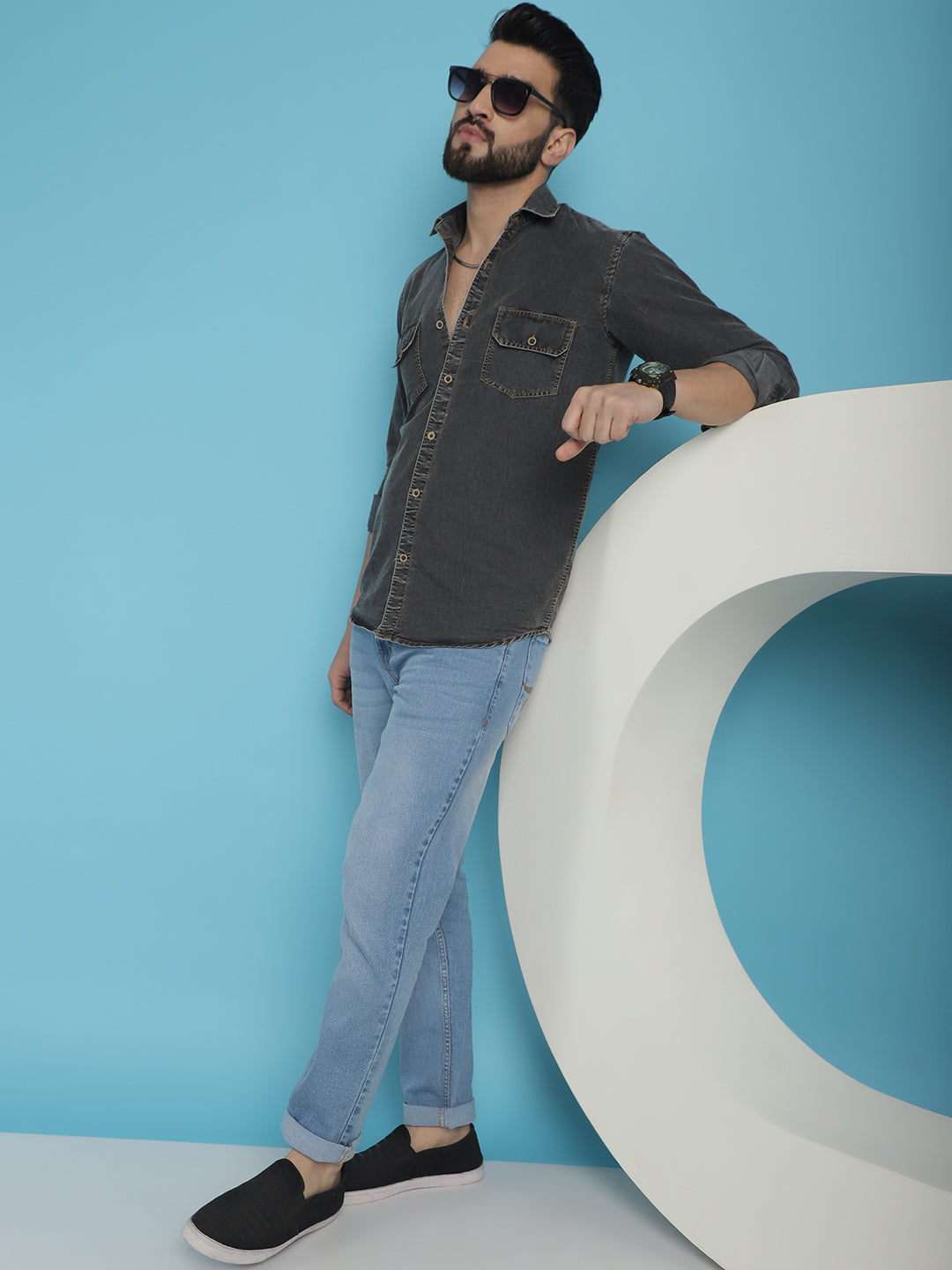 Indian Needle Men's Faded Cotton Denim Casual Shirt - Charcoal - Distacart