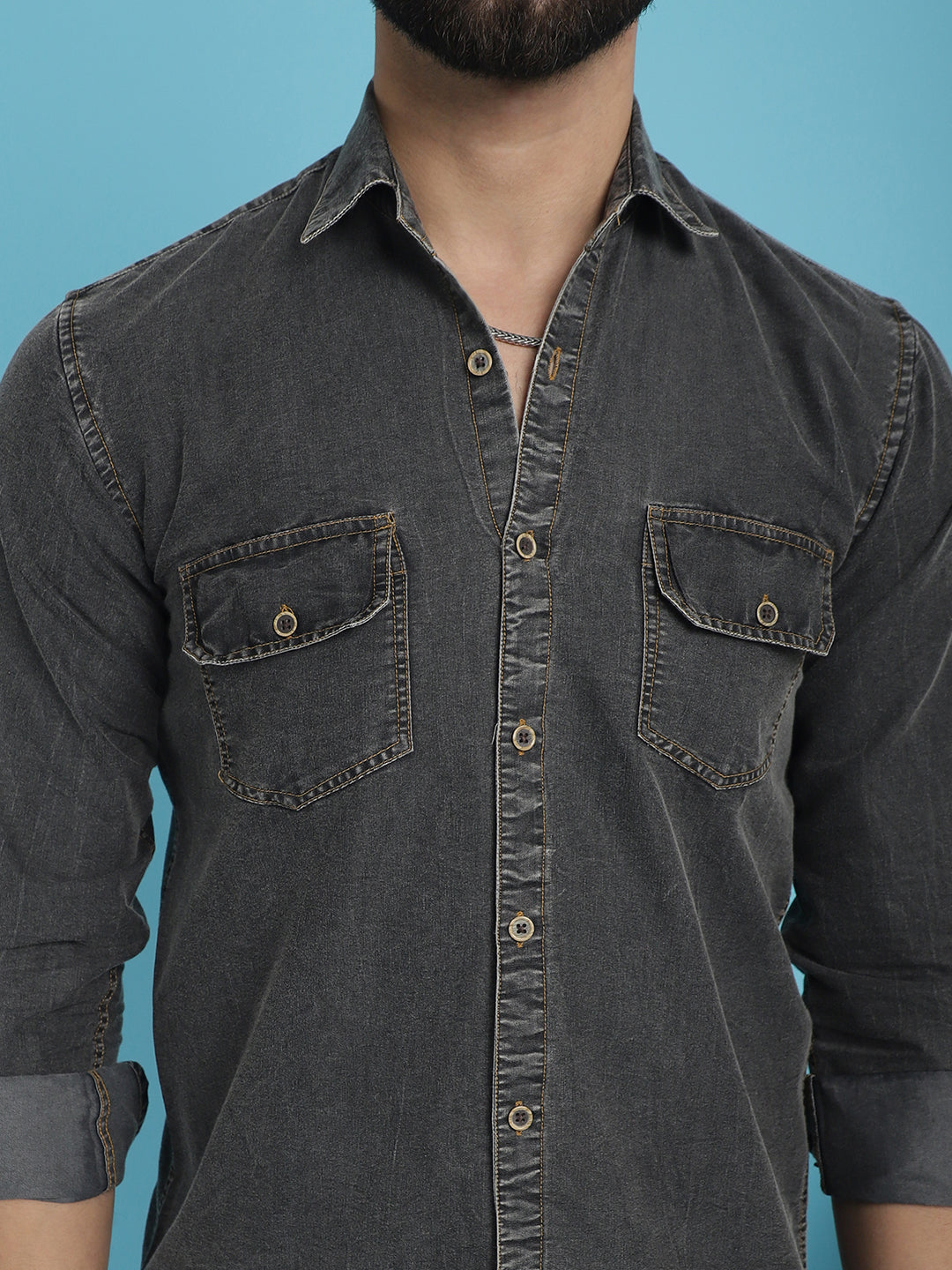 Indian Needle Men's Faded Cotton Denim Casual Shirt - Charcoal - Distacart