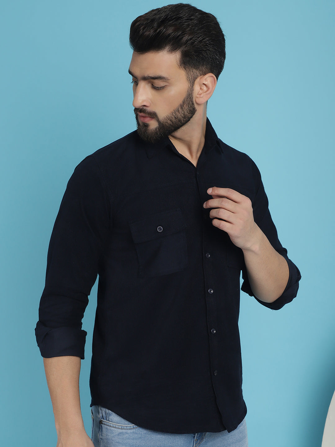 Indian Needle Men's Standard Corduroy Cotton Shirt - Navy Blue - Distacart
