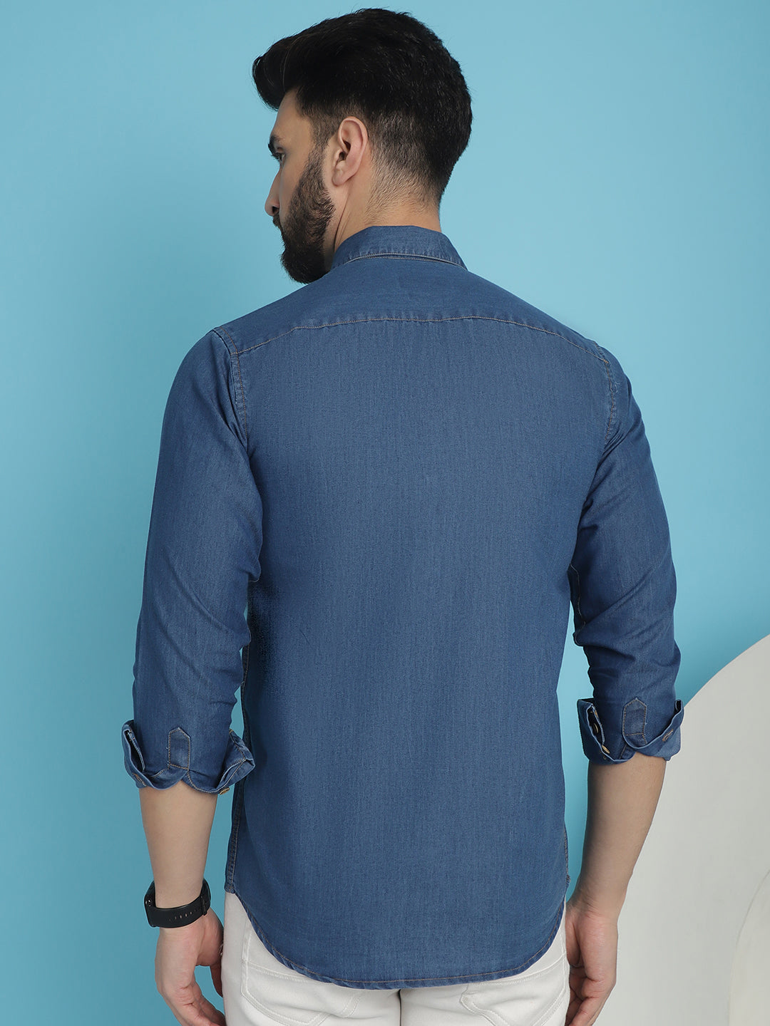 Indian Needle Men's Faded Cotton Denim Casual Shirt - Blue - Distacart