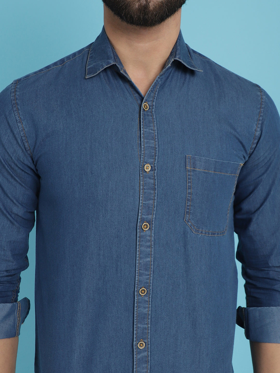 Indian Needle Men's Faded Cotton Denim Casual Shirt - Blue - Distacart