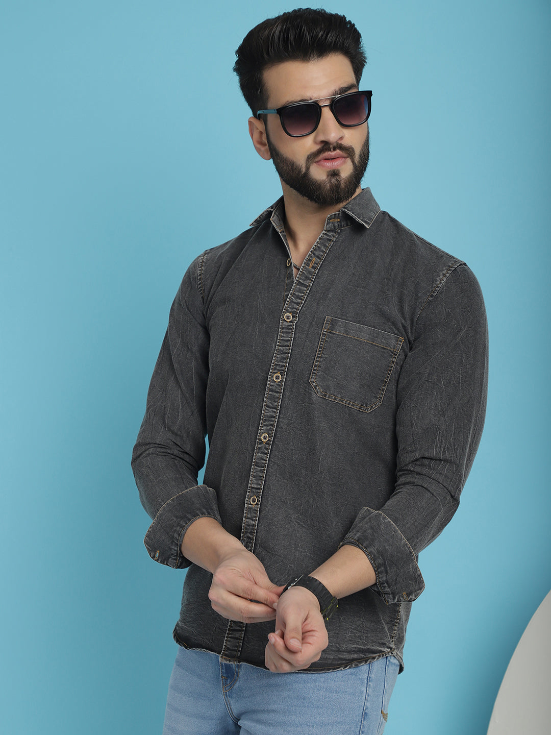 Indian Needle Men's Faded Cotton Denim Casual Shirt - Charcoal - Distacart