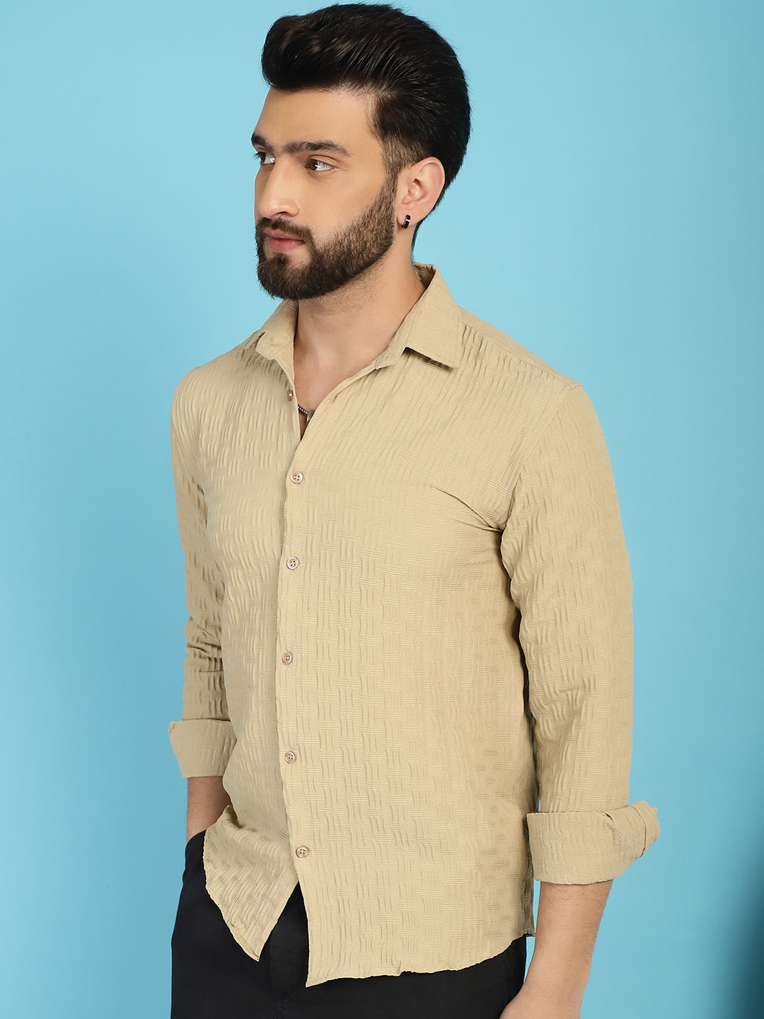 Indian Needle Men's Woven Design Casual Shirt - Beige - Distacart
