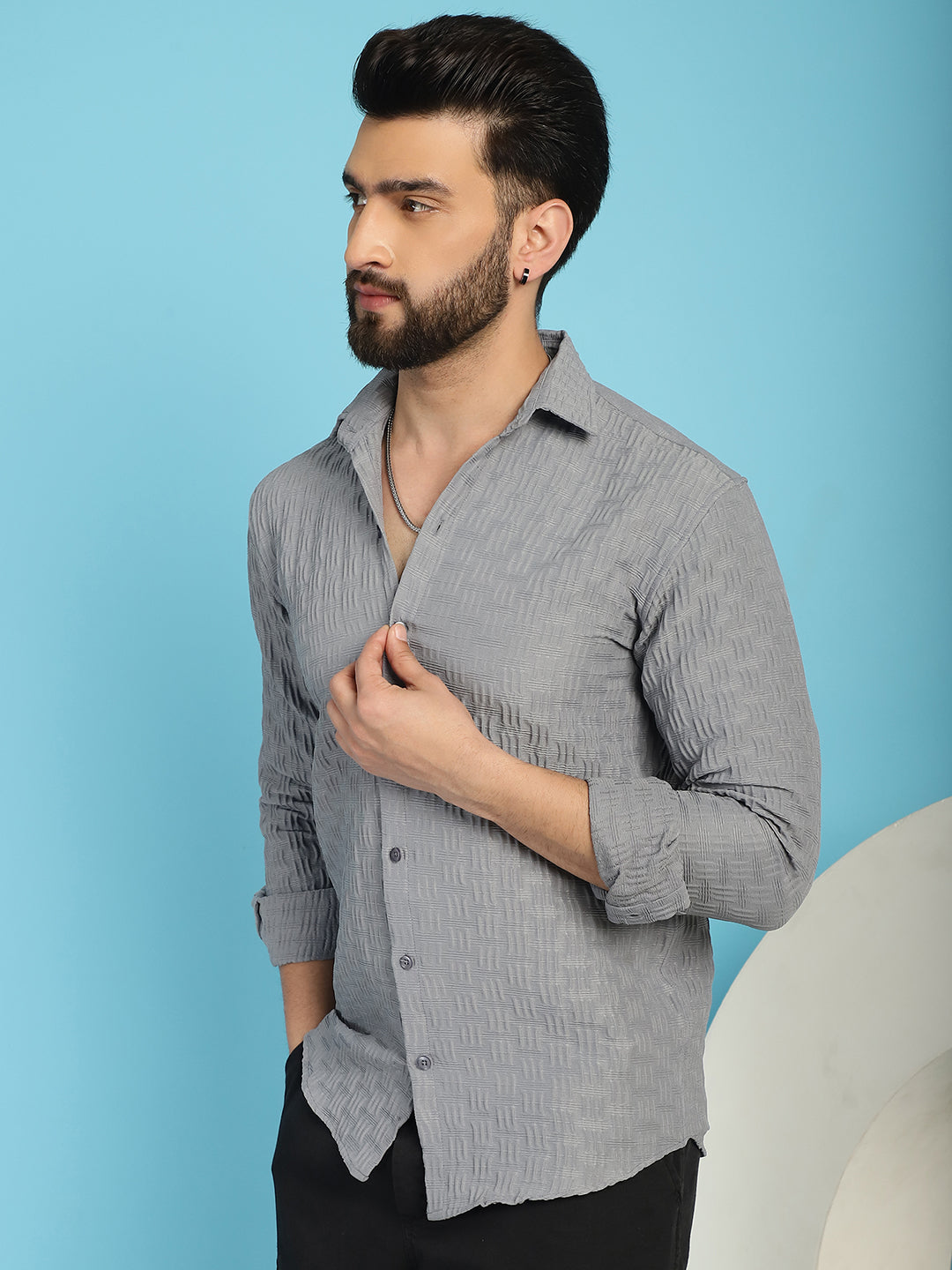 Indian Needle Men's Woven Design Casual Shirt - Light-Grey - Distacart