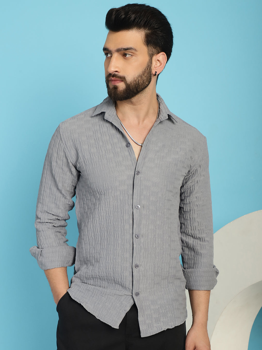Indian Needle Men's Woven Design Casual Shirt - Light-Grey - Distacart