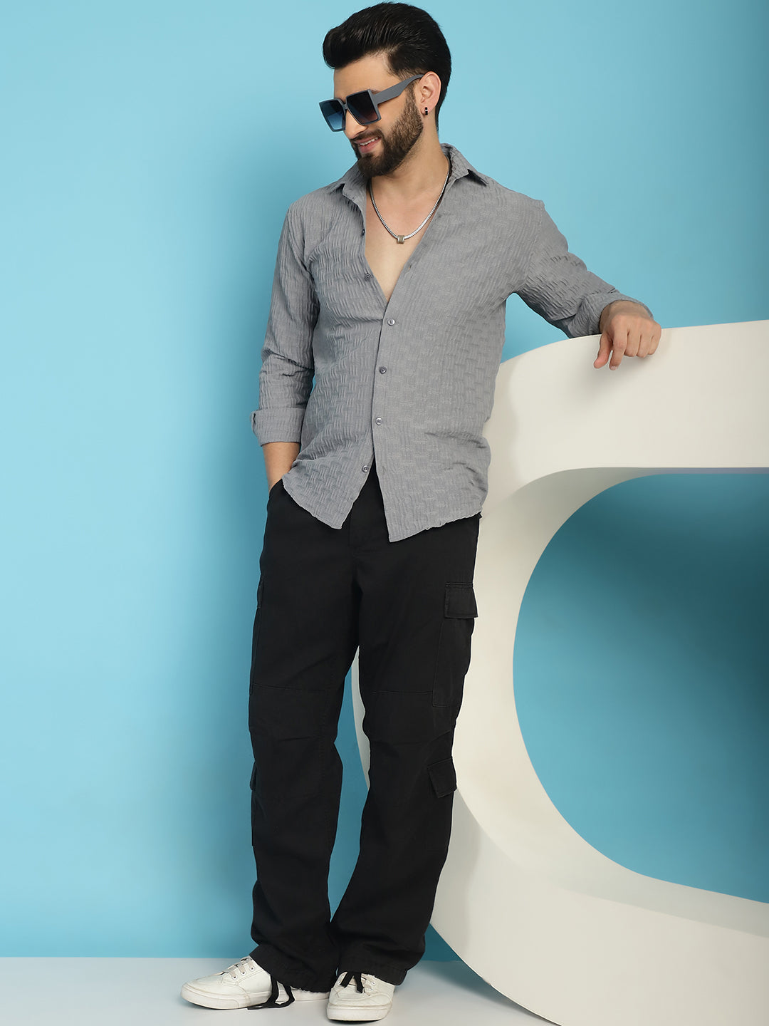 Indian Needle Men's Woven Design Casual Shirt - Light-Grey - Distacart