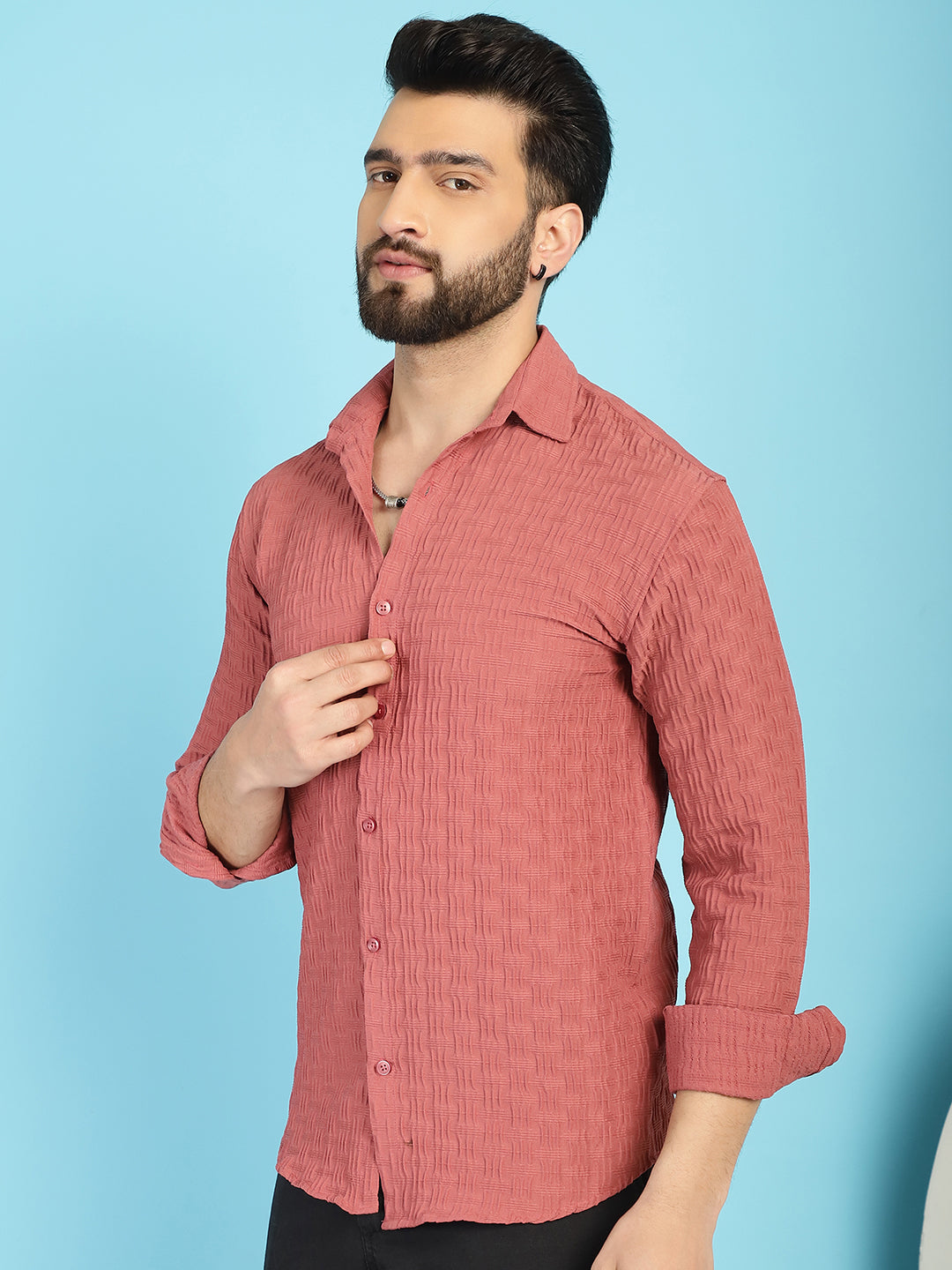Indian Needle Men's Woven Design Casual Shirt - Peach - Distacart