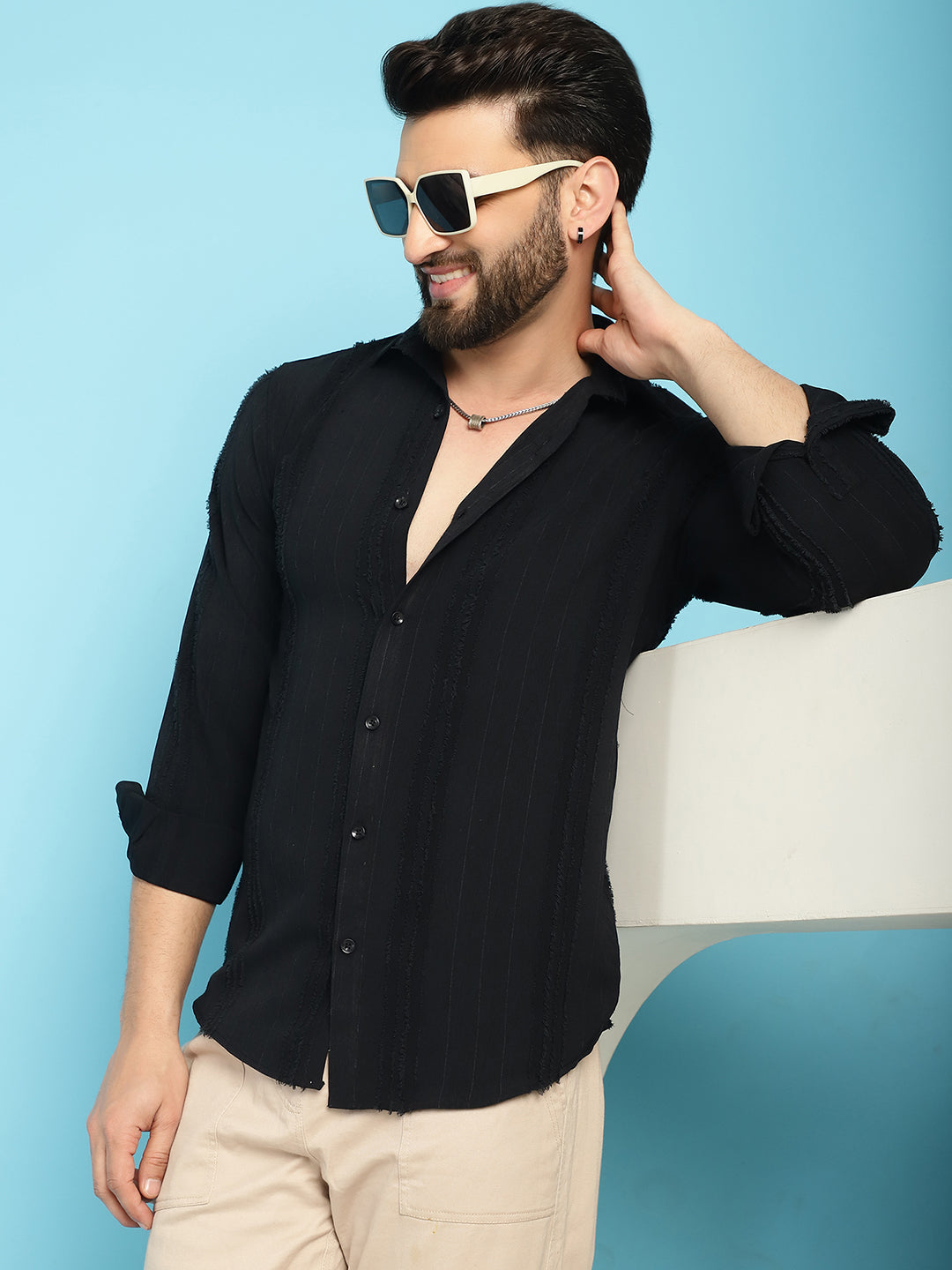 Indian Needle Men's Self Design Casual Shirt - Black - Distacart