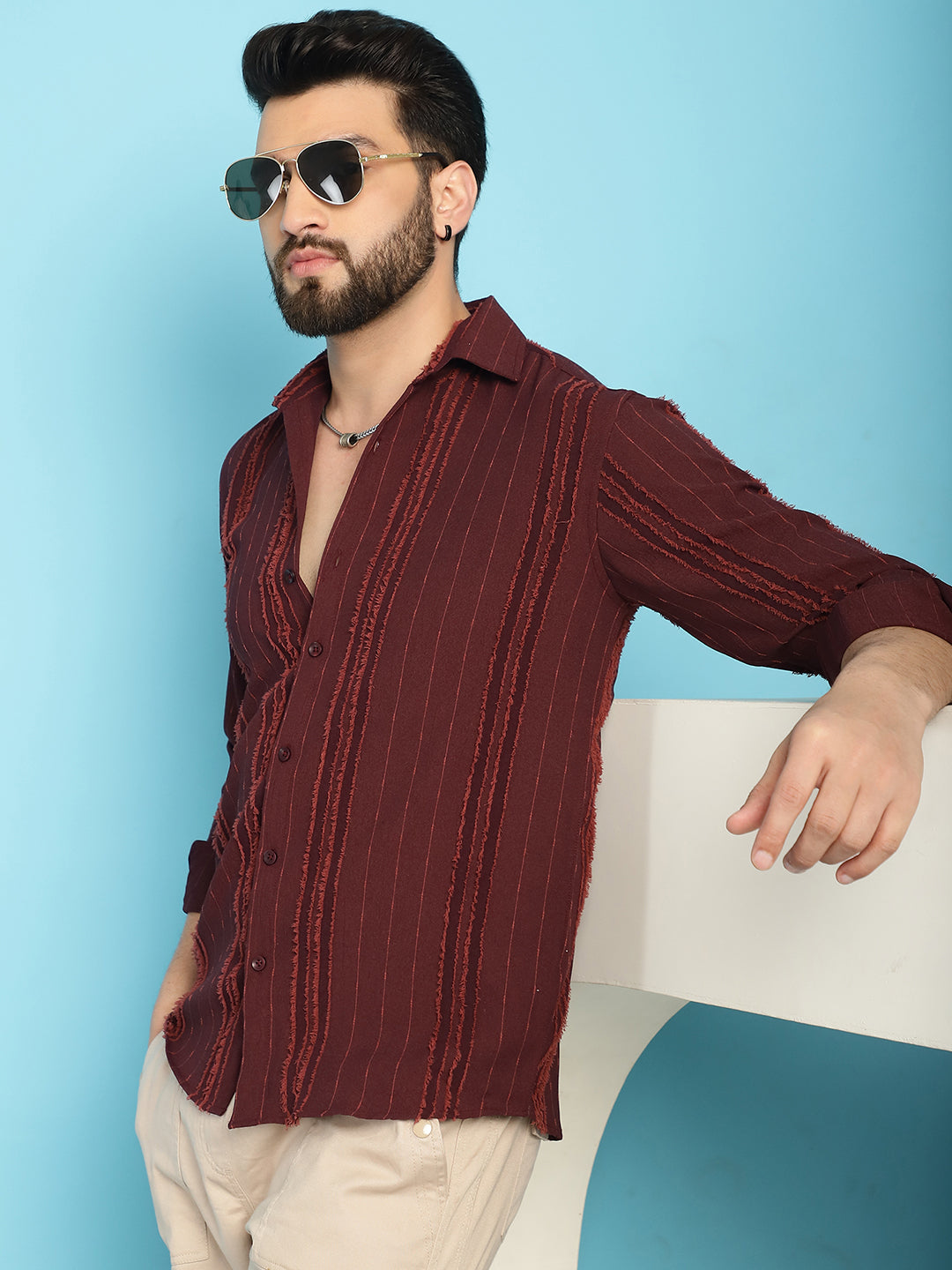 Indian Needle Men's Self Design Casual Shirt - Brown - Distacart