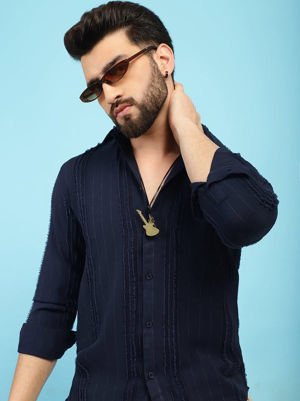 Indian Needle Men's Self Design Casual Shirt - Navy Blue - Distacart