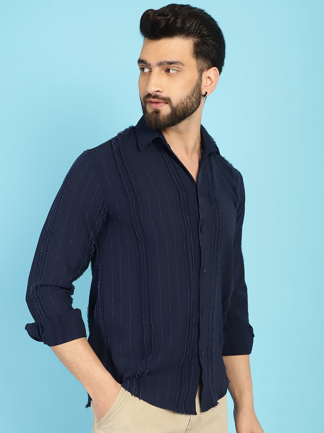 Indian Needle Men's Self Design Casual Shirt - Navy Blue - Distacart
