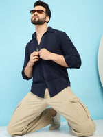 Thumbnail for Indian Needle Men's Self Design Casual Shirt - Navy Blue - Distacart