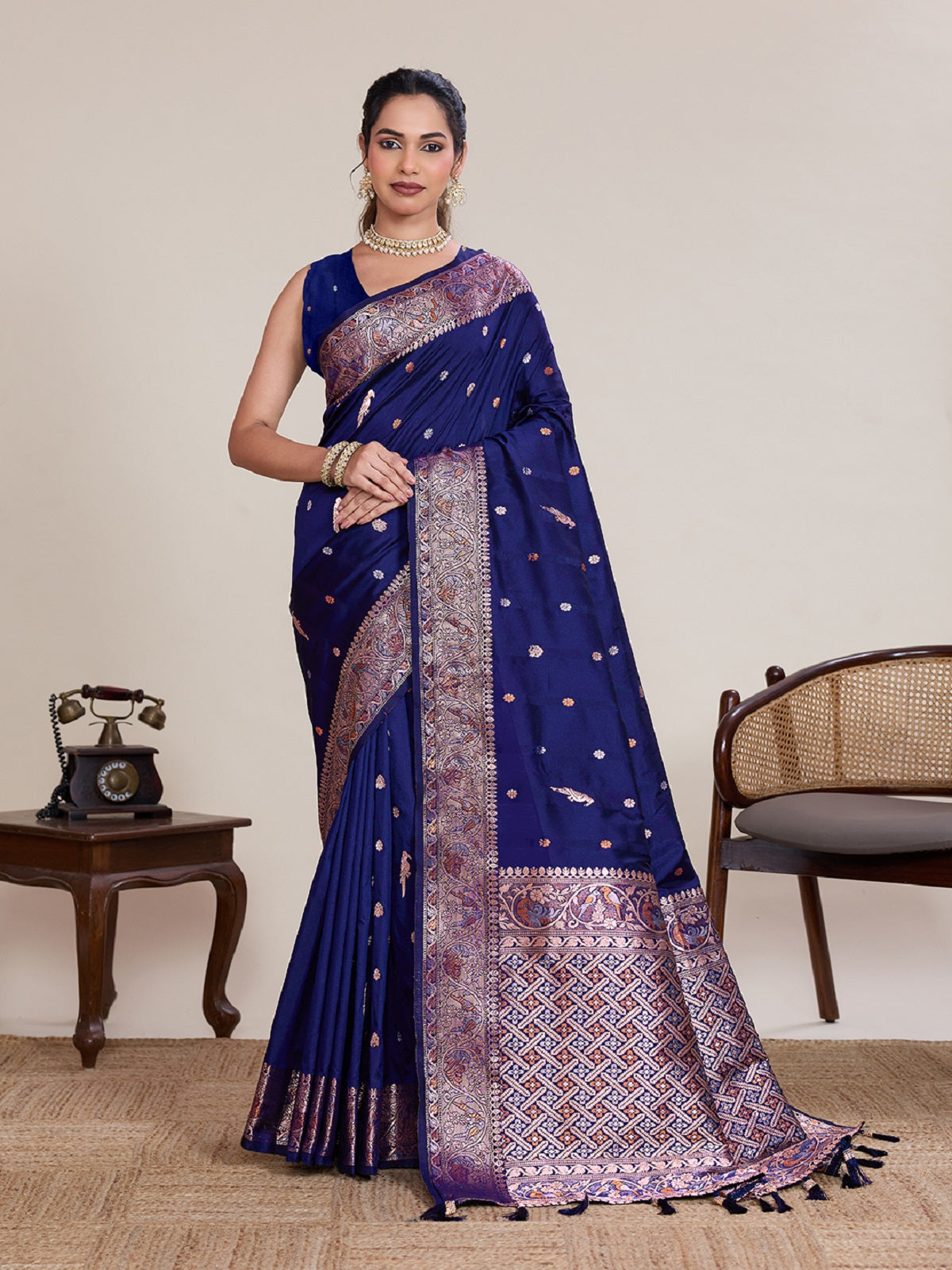 Dwija Fashion Royal Blue Wedding Wear Jacquard Silver Gold Jari Work With Unstitched Blouse - Dista