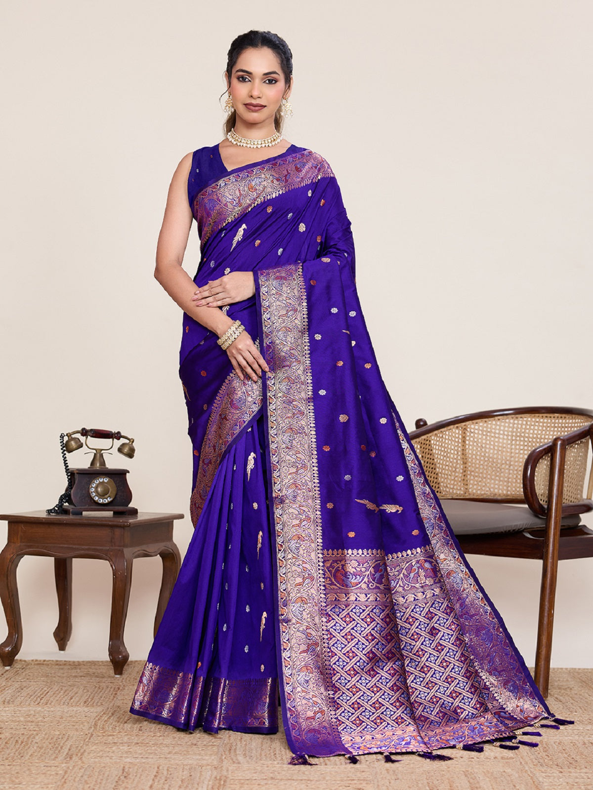 Dwija Fashion Blue Wedding Wear Jacquard Silver Gold Jari Work With Unstitched Blouse - Dista