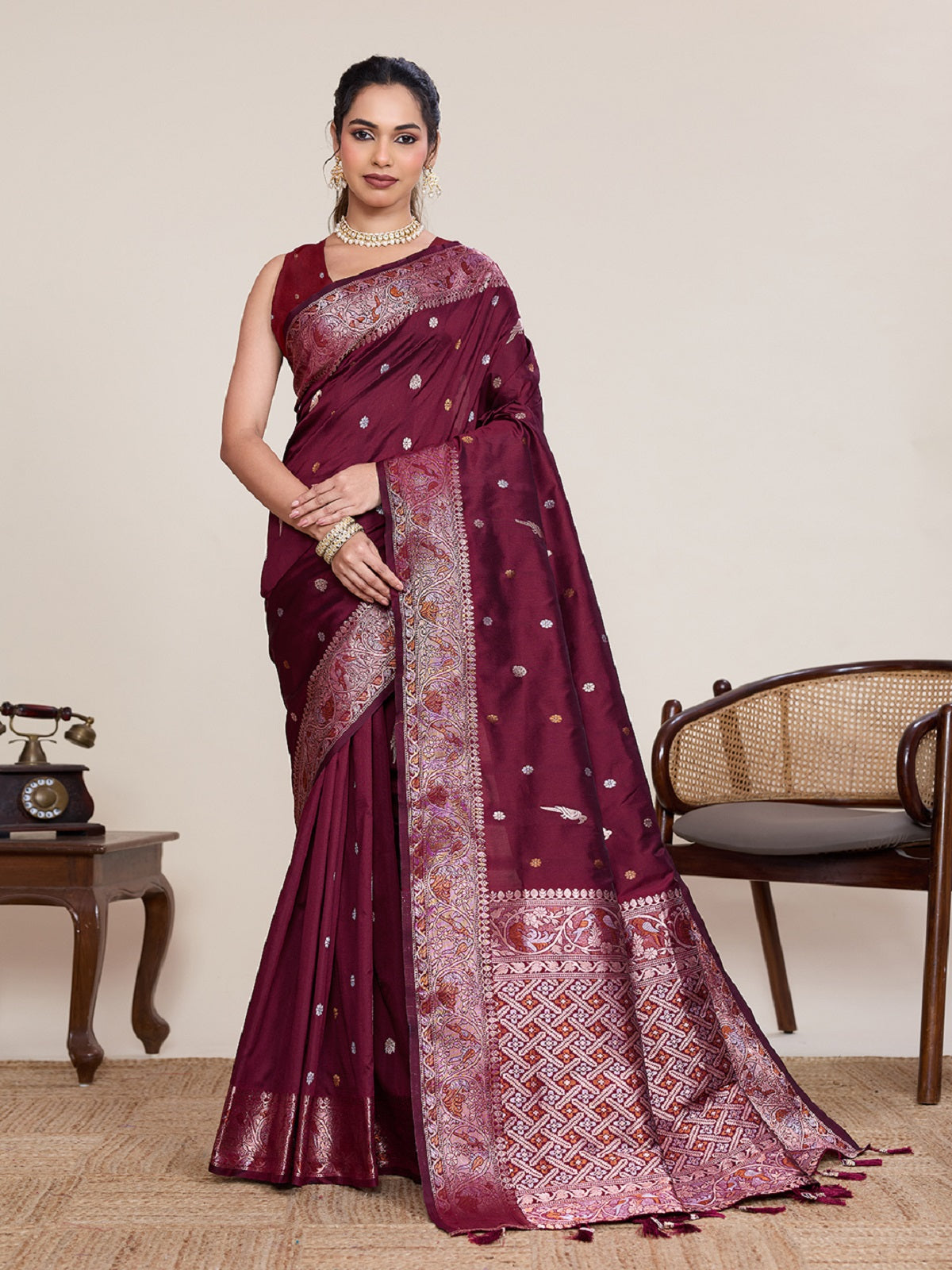 Dwija Fashion Deep Maroon Wedding Wear Jacquard Silver Gold Jari Work With Unstitched Blouse - Dista
