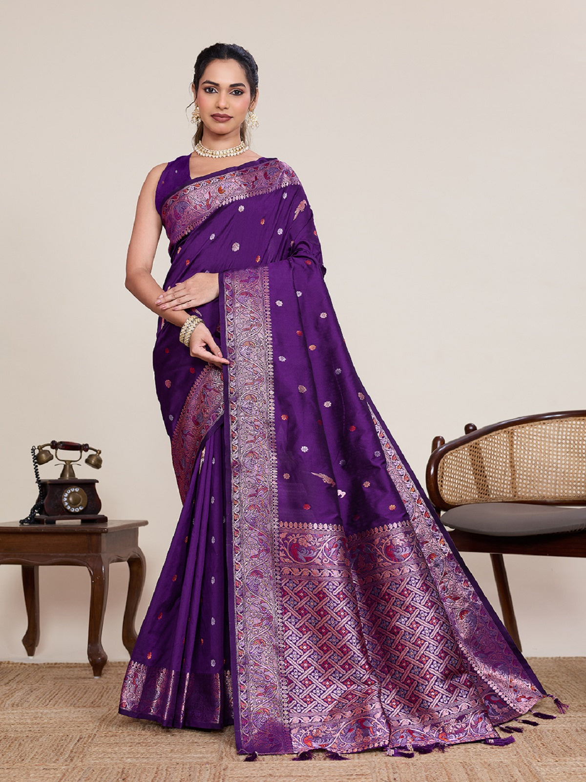 Dwija Fashion Deep Purple Wedding Wear Jacquard Silver Gold Jari Work With Unstitched Blouse - Dista