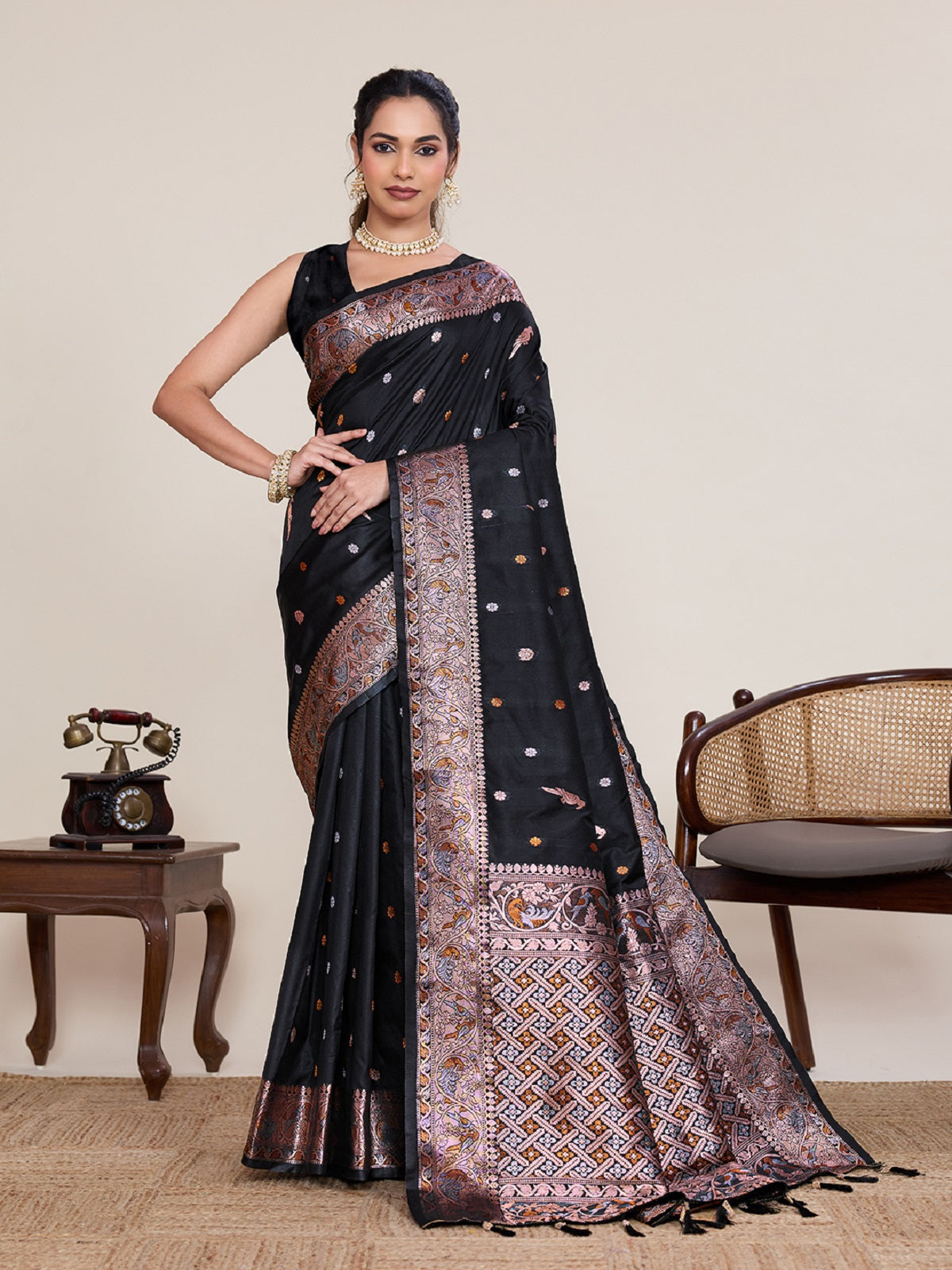 Dwija Fashion Black Wedding Wear Jacquard Silver Gold Jari Work With Unstitched Blouse - Dista