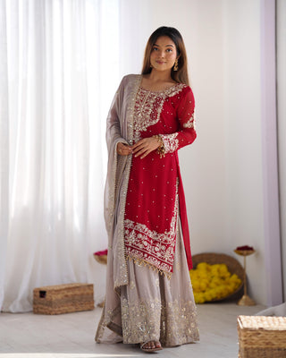 Teeya Creation Red Color Faux Georgette Heavy Embroidery Work Fully Stitched Sharara Suit - Distacart