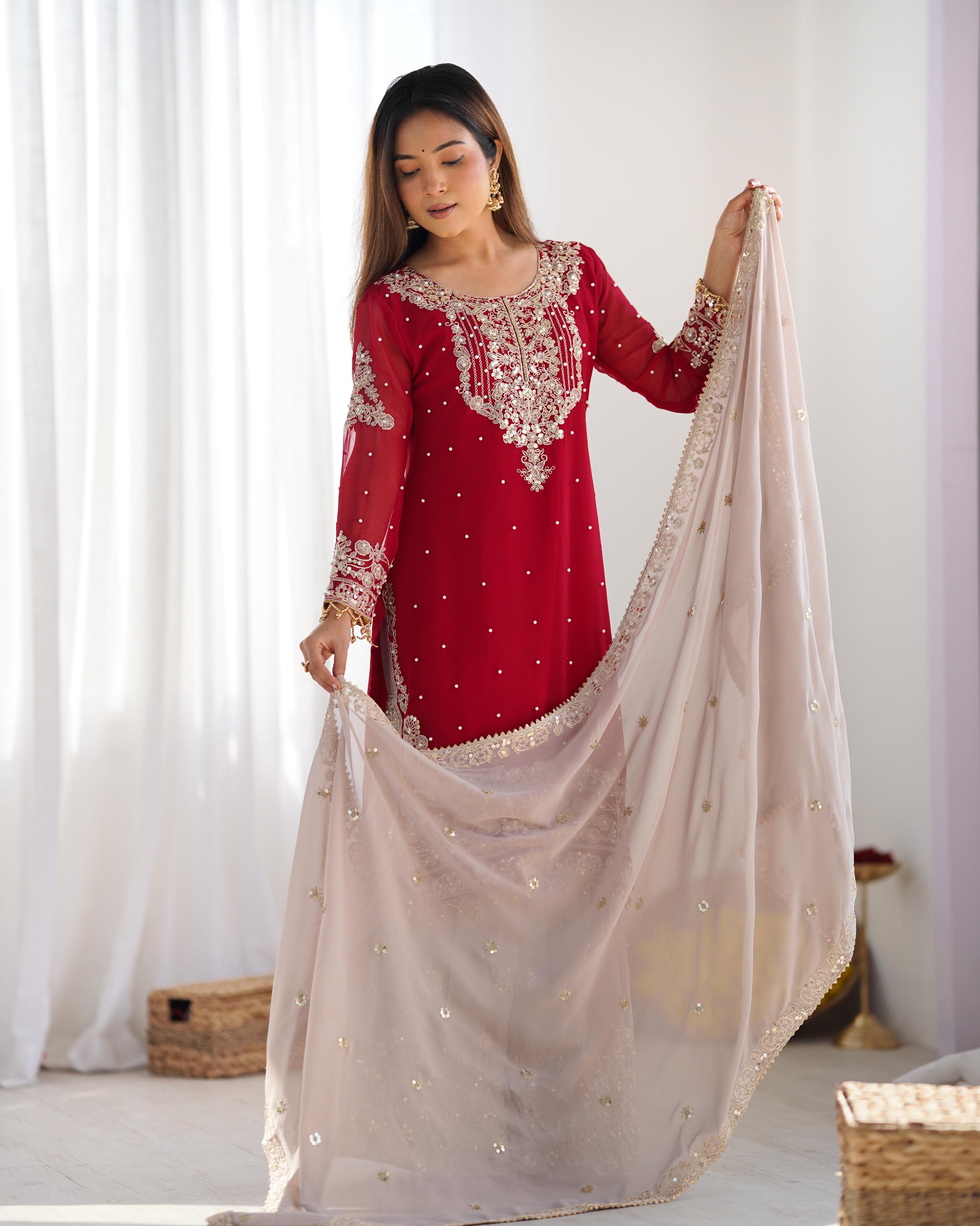 Teeya Creation Red Color Faux Georgette Heavy Embroidery Work Fully Stitched Sharara Suit - Distacart
