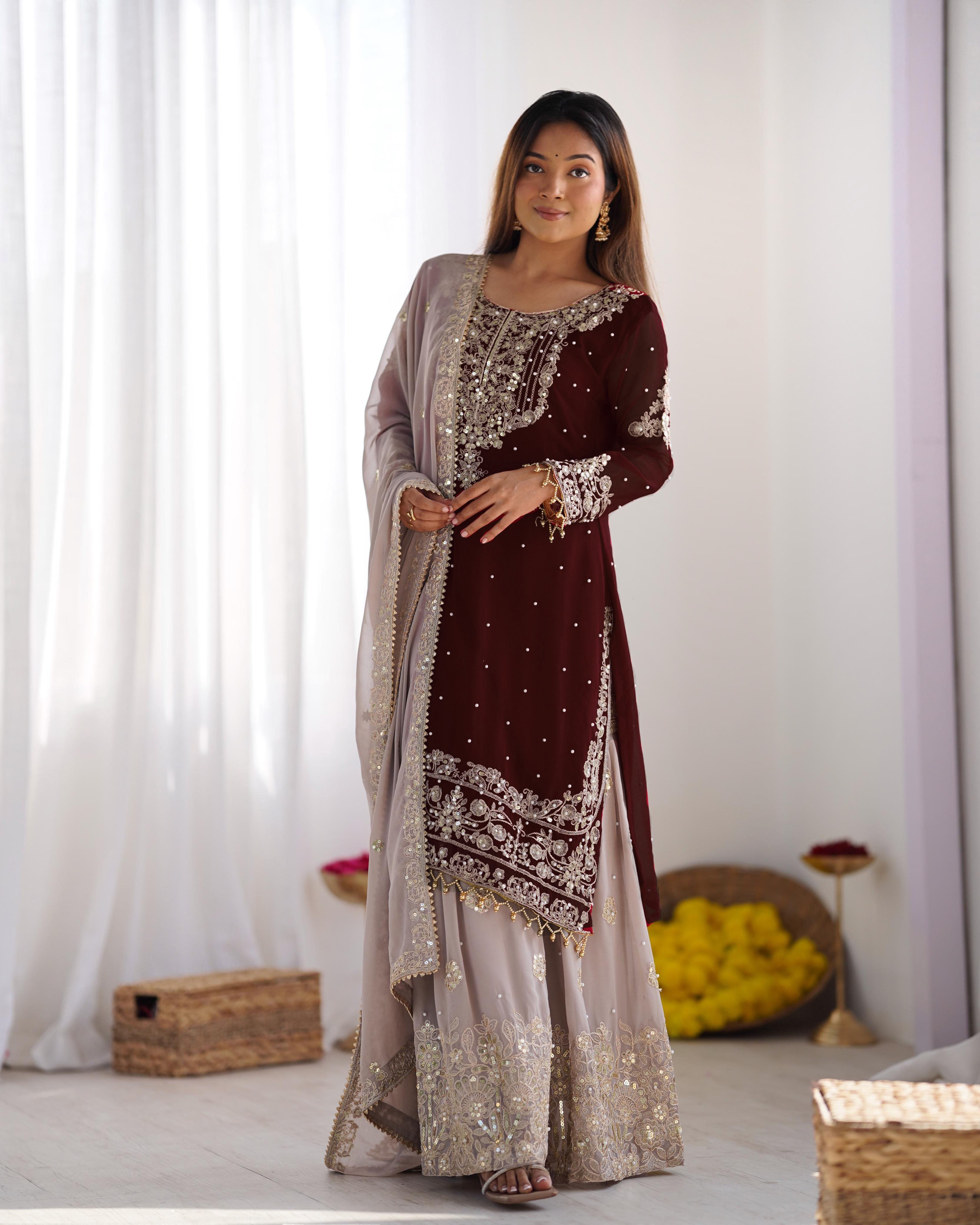 Teeya Creation Coffee Color Faux Georgette Heavy Embroidery Work Pakistani Fully Stitched Salwar Suit - Distacart